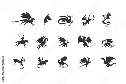 Dragon Silhouette isolated Clip Art Magic Animal Design Vector.