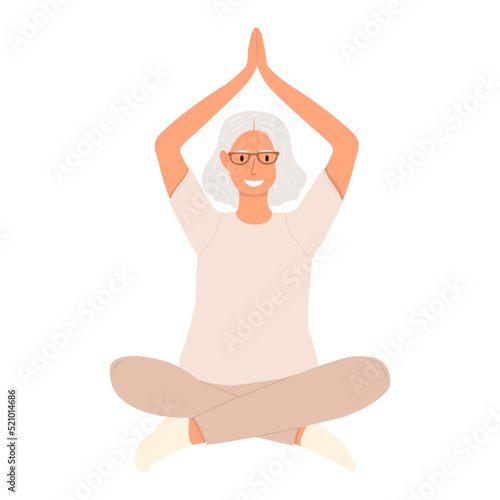 Vector illustration of an elderly woman doing yoga. The concept of a healthy lifestyle, sports and meditation in old age.