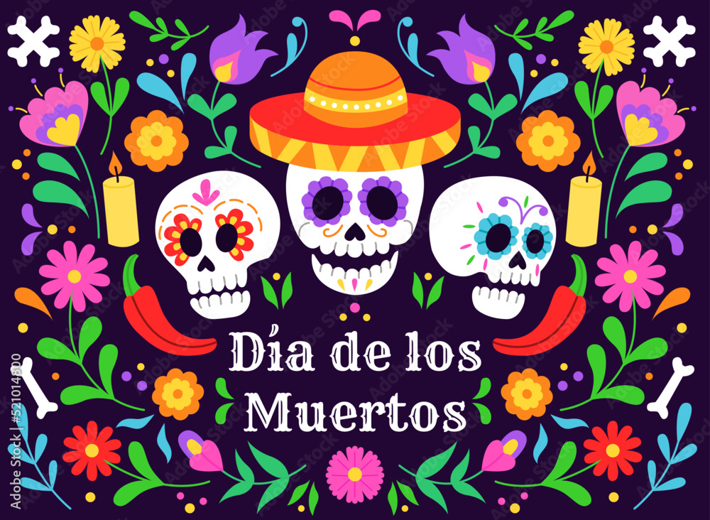 Dia de Los Muertos banner colorful style. Day of the Dead. Vector flat cartoon illustration with skulls and colorful flowers. Mexico Halloween party flyer. Dia de Los Muertos banner colorful style. Day of the Dead. Vector flat cartoon illustration with skulls and colorful flowers. Mexico Halloween party flyer.