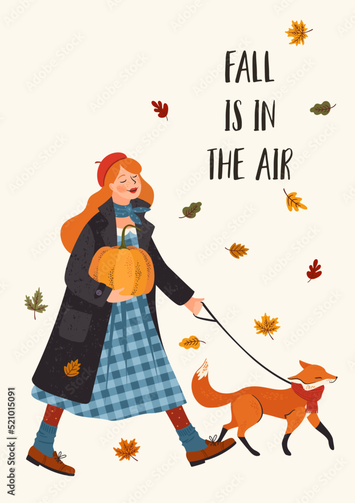 Obraz premium Autumn illustration. Cute girl with a fox. Vector design for card, poster, flyer, web and other.