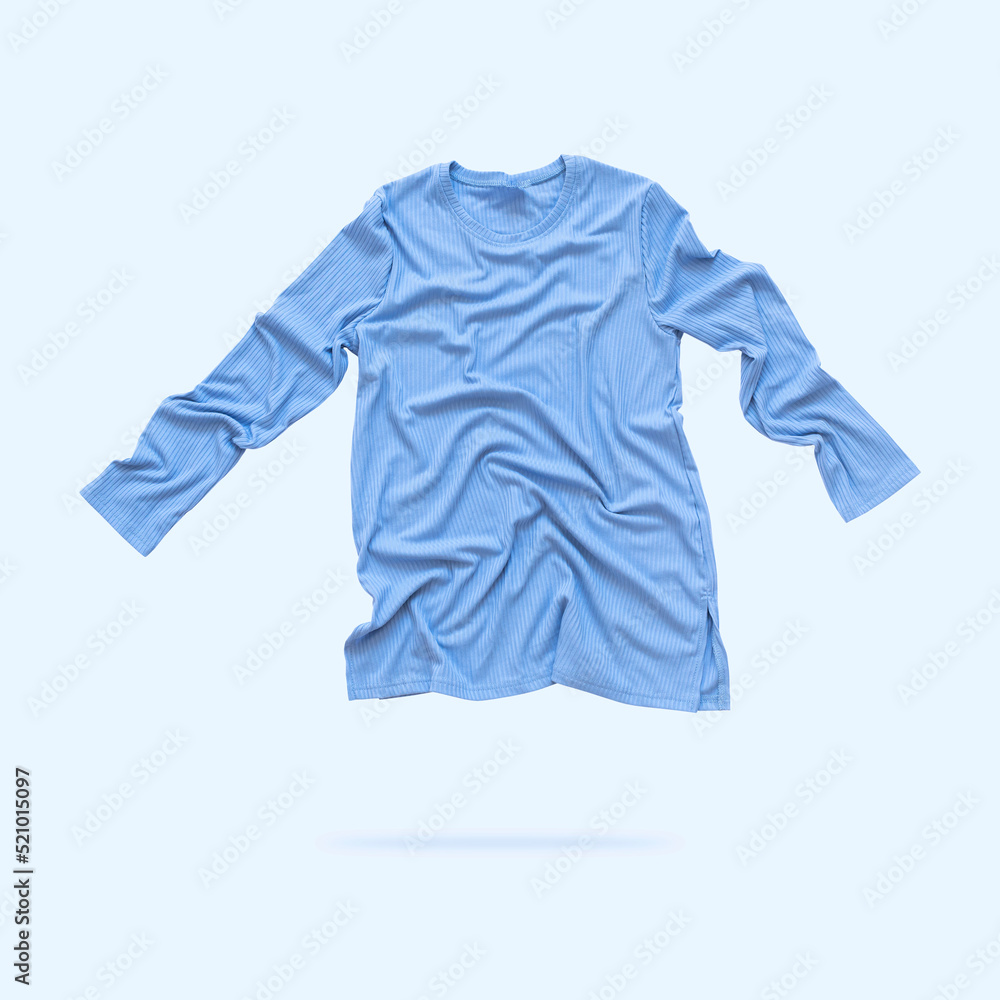 Fototapeta premium Blue flying women's long sleeve sweater isolated on blue background. Fashionable modern female clothing, sportswear, clothing for home and leisure. Cut out object for logo, design, mockup