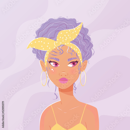 Beautiful young woman with purple curly hair, headscarf and yellow summer dress. Confident girl on purple background. Colorful vector illustration.