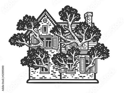 Tree grows inside house and branches in windows sketch engraving vector illustration. Scratch board imitation. Black and white hand drawn image.