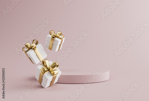 Christmas 3d style Product podium scene with flying falling white gift box with gold bow.3d illustration.