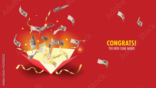 Vector illustration of A lot of 200 Nigerian Naira notes coming out of an opened red gift box. money flying out of box. editable eps