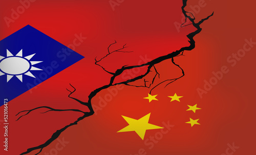Isometric vector. Flags of China and Taiwan on the crack background. Crisis in relations between countries. fighting and exercises. Political dialogue and meeting of the presidents.