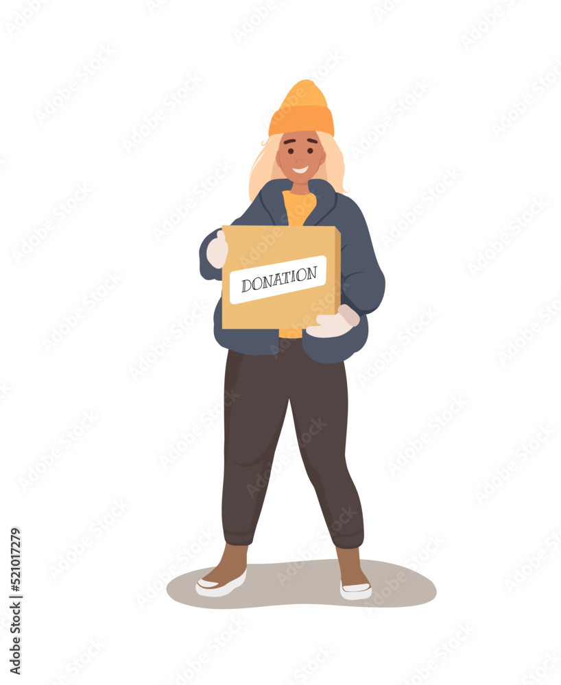 Woman holding and carrying a donation box for charity Woman holding and carrying a donation box for charity