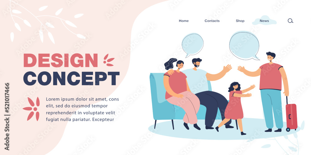 Son with suitcase returning home from trip or university. Mother and father greeting boy from sofa, little sister running to brother flat vector illustration. Family, relationship concept for banner