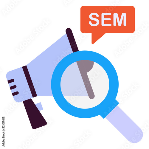 e-announcement vector icon design, Digital Marketing symbol, Search Engine Optimisation Sign, SEM and SMO stock illustration, SEM with Magnifying Glass Concept