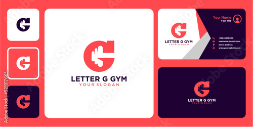 letter g logo design with barbell or gym and business card