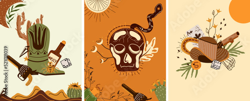 Set Wild west poster with cowboy hat, playing cards, an skull, a mystical snake, dice, gun and other. Further Old West in flat style. Vector illustration
