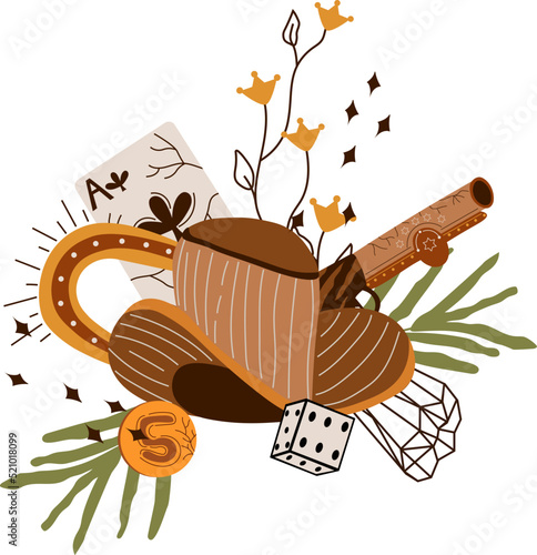 Wild west poster with cowboy hat, playing cards, dice, gun. Further Old West in flat style. Vector illustration