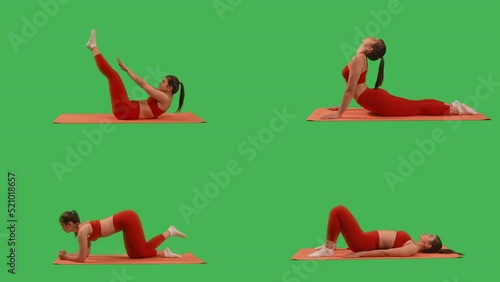 collage woman doing exercises lying on yoga matt fitness Isolated on Green Screen background