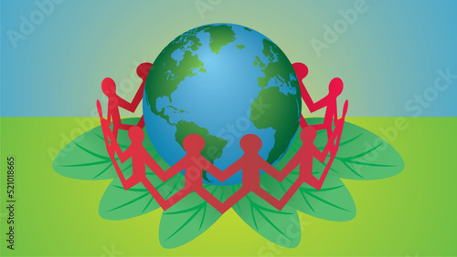 People dancing in ring together, holding hands around the world. Vector illustration. Dimension 16:9.
