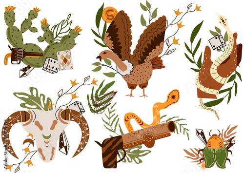 Set a Wild West composition with animal skull, playing cards, wild flying vulture, a hand holding a snake and others. Further Old West in flat style. Vector illustration