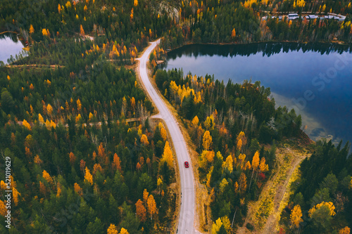 Canvastavla Aerial view of road with car through fall woods with green and yellow trees in Finland