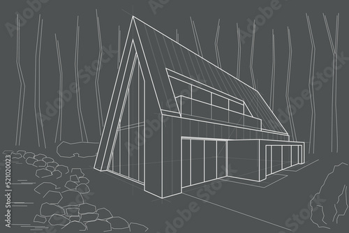 Linear architectural sketch residental building - scandinavian style forest cottage near lake perspective on gray background