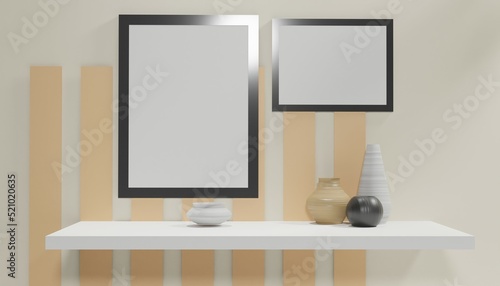 Mockup poster frame in minimalist modern interior background, 3d render. Empty poster frame in cozy interior. Frame mockup. Frame poster mockup in Boho style interior. 3d rendering, 3d illustration © SkyPark