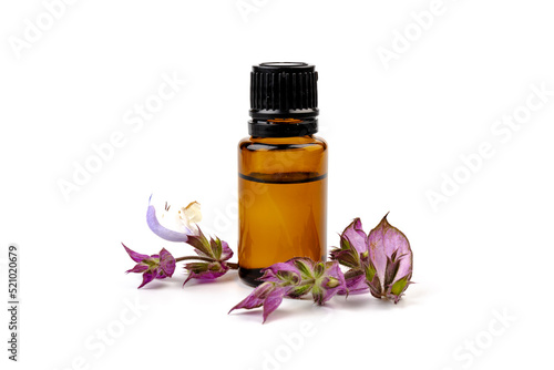 A bottle of essential oil with fresh blooming clary sage twigs on white background.