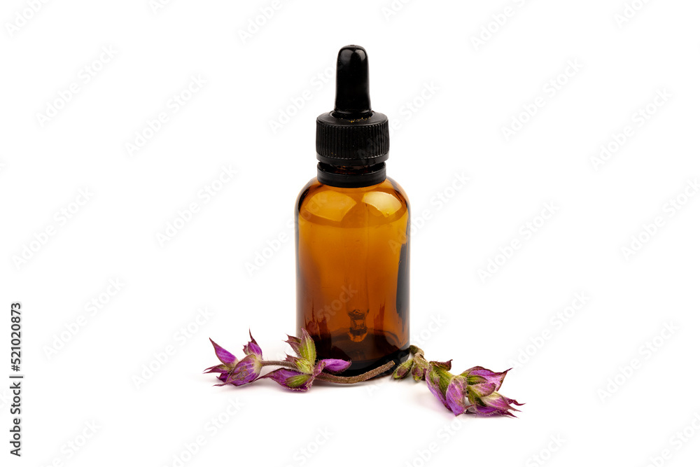 A bottle of essential oil with fresh blooming clary sage twigs on white background. A bottle of essential oil with fresh blooming clary sage twigs on white background.