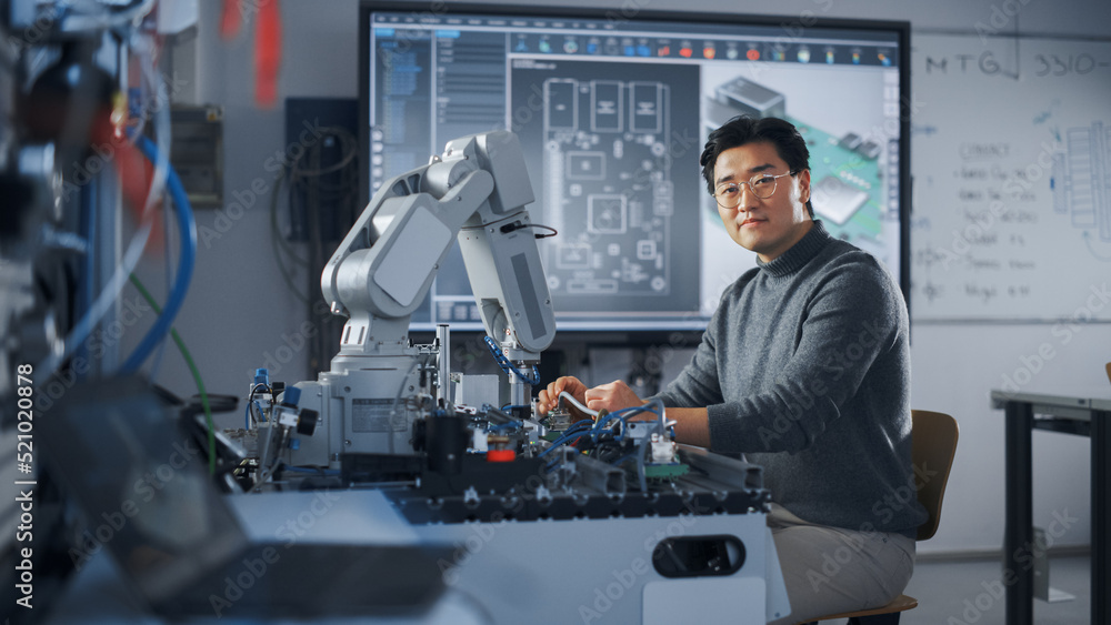 Asian Male Engineer Sitting at Table And Looking at Camera While Woking on New Engineering Project. Robot is Moving Under his Control. Education and Robotics In Modern University Concept. Asian Male Engineer Sitting at Table And Looking at Camera While Woking on New Engineering Project. Robot is Moving Under his Control. Education and Robotics In Modern University Concept.