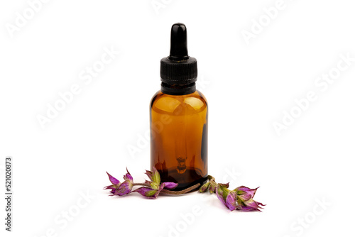 A bottle of essential oil with fresh blooming clary sage twigs on white background.