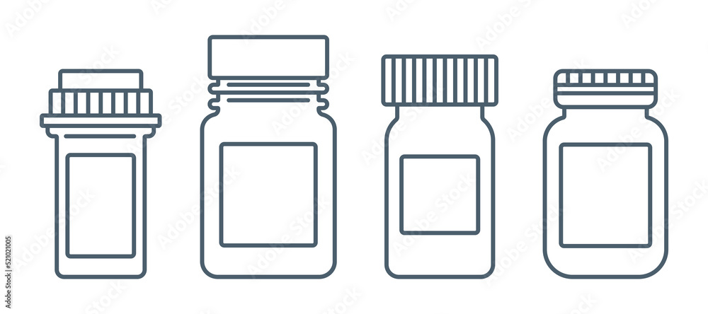 A set of medical bottles of different shapes. Set of line color icons. A set of medical bottles of different shapes. Set of line color icons.