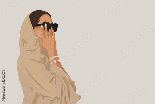 Fashion arabic muslim woman in hijab and abaya on background with free space for text. Stylish islamic model in hijab. Illustration of a young arab emirati woman in traditional dress