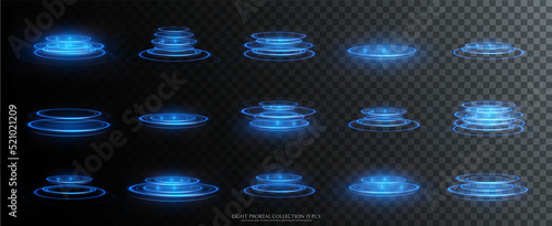 Collection of futuristic hud podiums or portals blue or neon HUD PNG. Technological background. Light glass circles, lines, table, HUD platform PNG.