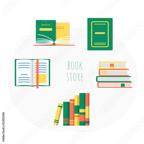 Pile of book education material and literature set. Bookstore banner template. Education and learning concept flat vector illustration.