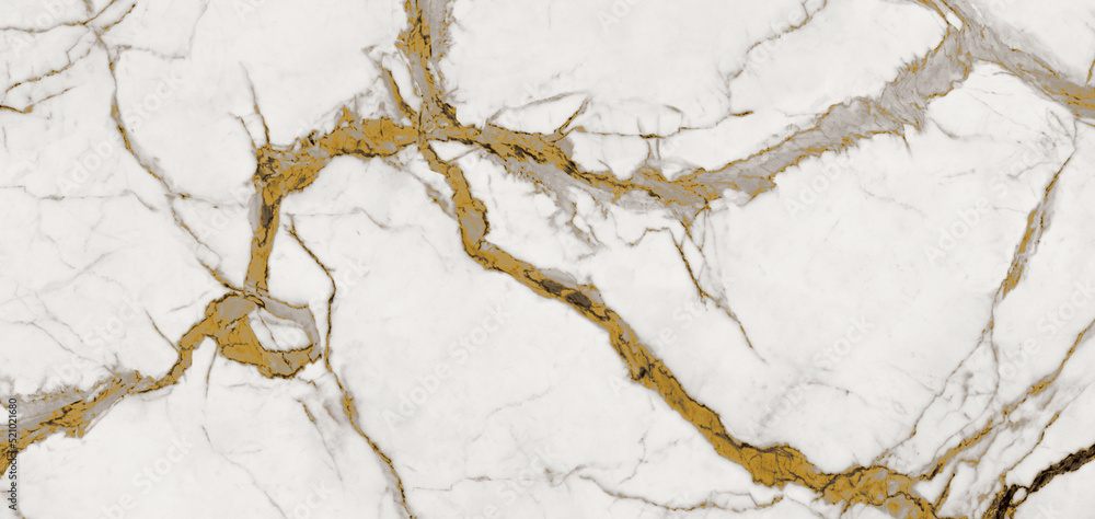Obraz premium White marble satvario background with golden curly veins across the surface. wall decor italian glossy granite slab stone ceramic tile, polished quartz, quartzite matt limestone. carrara statuario.