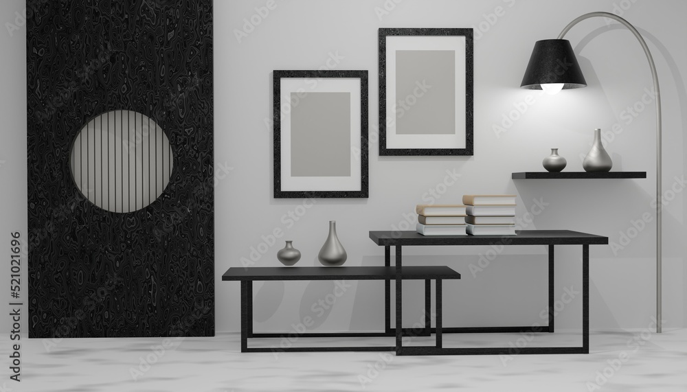 Obraz premium White poster on cabinet floor with blank frame mockup for you design. Layout mockup good use for your design preview. Mockup poster frame in minimalist modern interior background, 3d render