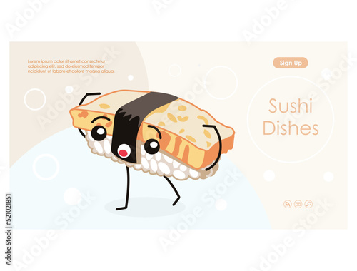 Funny sushi landing page template. Traditional fresh and delicious asian seafood website interface. Restaurant, sushi bar, delivery service homepage kawaii design. cartoon vector illustration