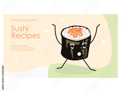 Funny sushi landing page template. Traditional fresh and delicious asian seafood website interface. Restaurant, sushi bar, delivery service homepage kawaii design. cartoon vector illustration