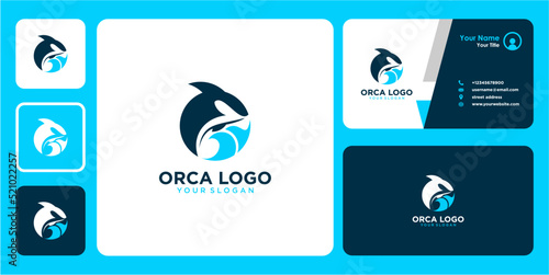 orca logo design with waves and business card