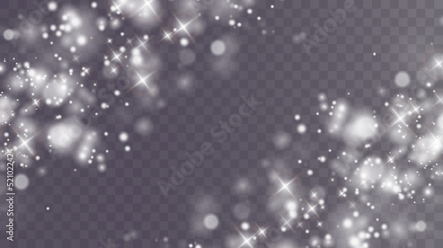 Christmas background. Powder PNG. Magic shining white dust. Fine, shiny dust particles fall off slightly. Fantastic shimmer effect. 