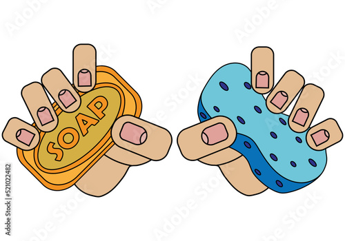 Soap and washcloth in hand. Isolated on white background in cartoon style in vector graphic