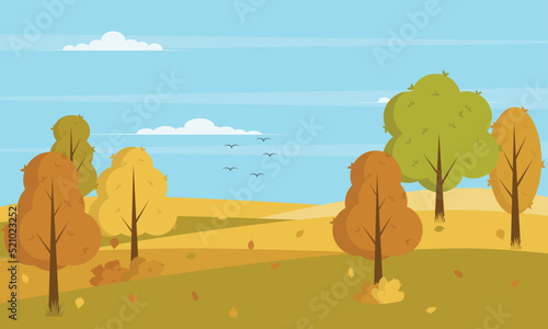 Panoramic of Countryside landscape in autumn with fallen leaves on the grass  Vector illustration of horizontal banner of autumn landscape mountains and maple trees with yellow foliage in fall season.