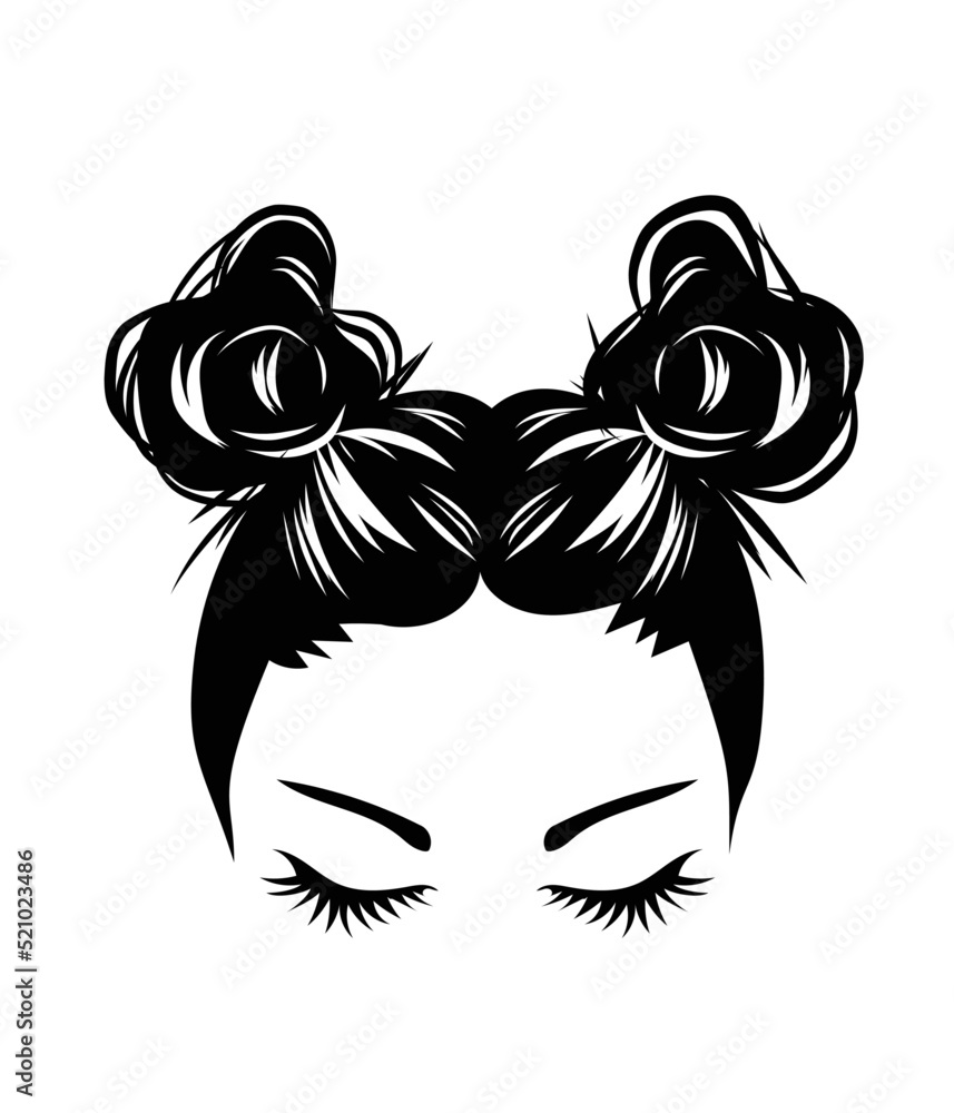 Hand drawn girl with messy hairstyle hair bun. Mom life style clip