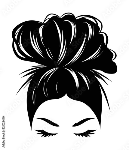 Hand drawn girl with messy hairstyle - hair bun. Mom life style clip art for prints