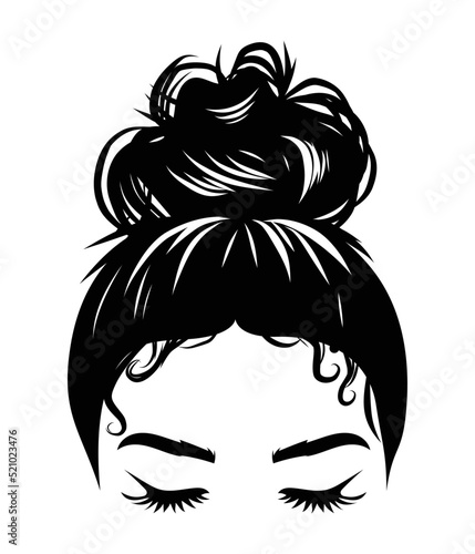 Hand drawn girl with messy hairstyle - hair bun. Mom life style clip art for prints