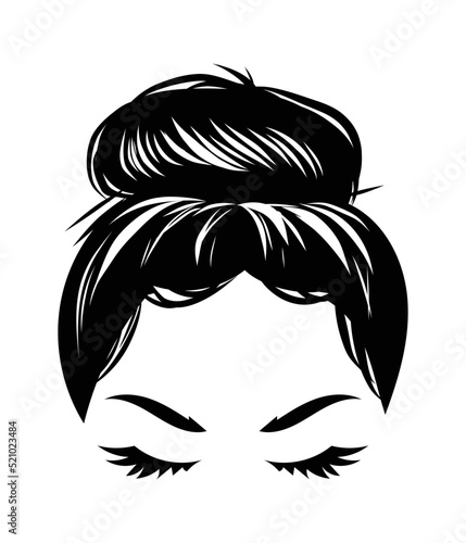 Hand drawn girl with messy hairstyle - hair bun. Mom life style clip art for prints