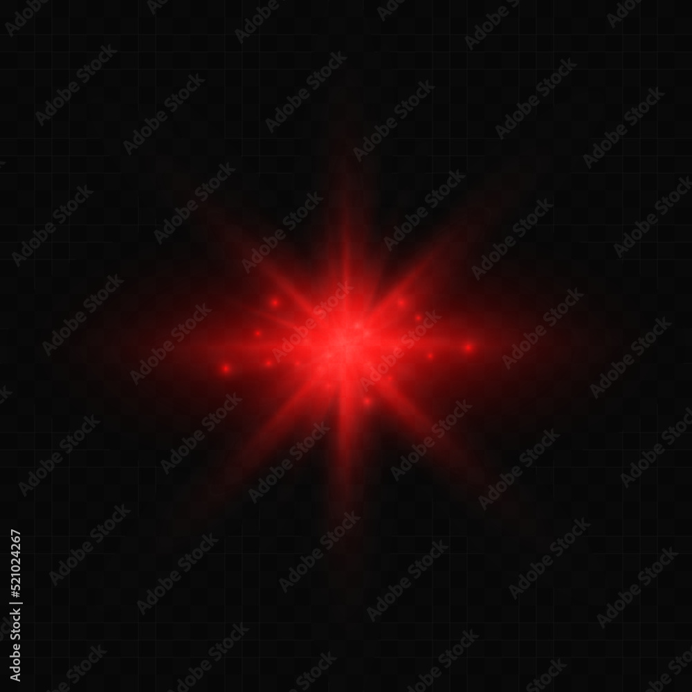 Radiance of a bright star, red sunbeams, sunlight. On a black transparent background.