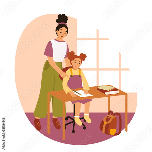 Cartoon child student sitting at table and studying with book, mother standing next to help daughter with homework, communication parents and children. Mom teaching kid at home vector illustration