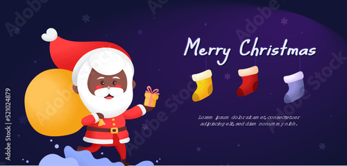 Xmas Black Santa on the way sending gift. Christmas Festival Winter Season Celebration with hanging socks illustration Design.