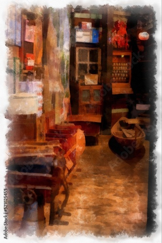 inside antique shop watercolor style illustration impressionist painting.