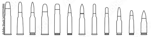 Bullet icons set. Cartridge icon in linear design. Military ammunition. Bullet or patron silhouette. Vector illustration.