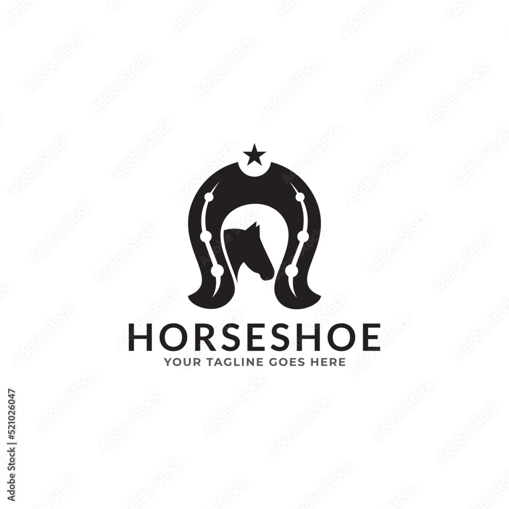 Obraz premium Vector logo illustration for horseshoe and cowboy.
