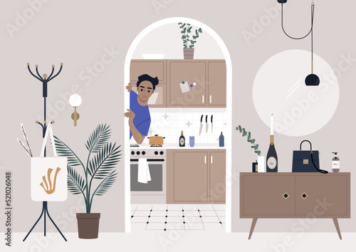 A young male Caucasian character peeking out of doorway, a kitchen seen from the hall