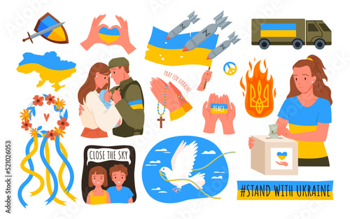 Set with Ukraine war elements and humanitarian help. Supporting people and country, pray for peace, ukrainian refugees shelter, stop war, fight for freedom vector illustration